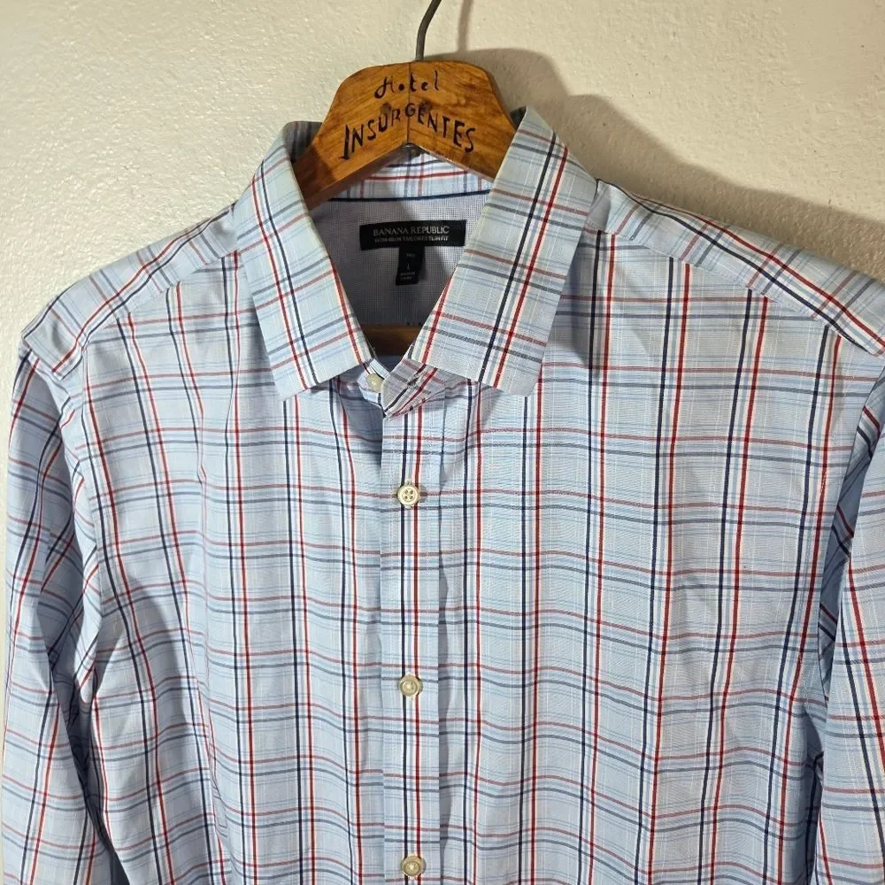 Banana Republic Men's Non Irom Tailored Slim Fit Blue Plaid Long Sleeve Shirt LG